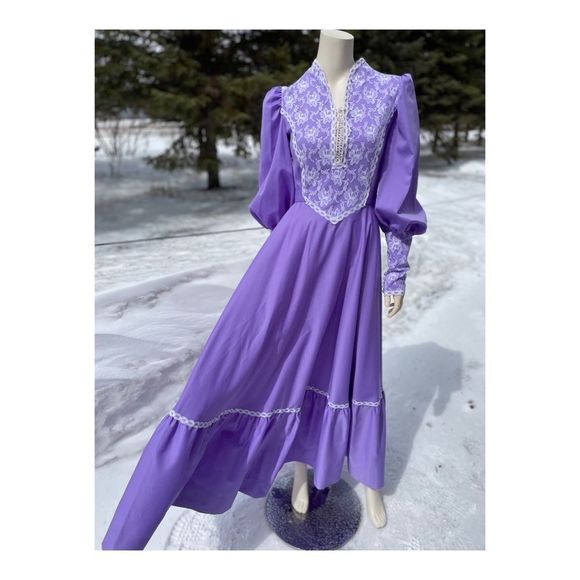 Vintage 70s Prairie Style Maxi Dress Lilac Lace Cottagecore Farmcore M - Picture 5 of 15